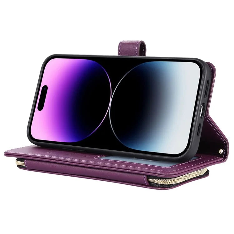 For iPhone 14 Pro Leather Wallet Case Zipper Pocket Full Protection Phone Cover with Hand Strap