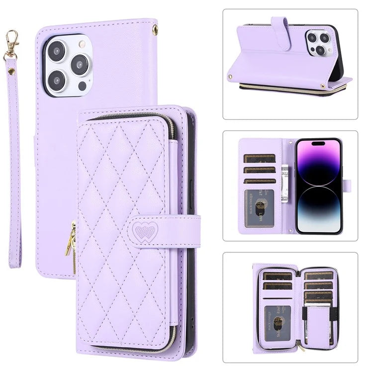 For iPhone 14 Pro Max Wallet Case Folio PU Leather Stand Rhombus Phone Cover with Hand Strap
