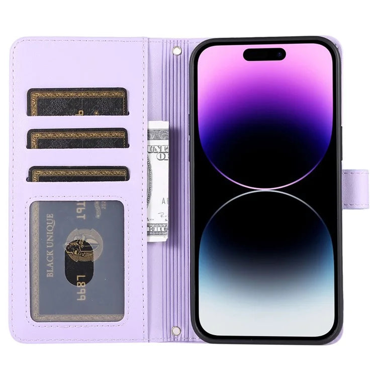 For iPhone 14 Pro Max Wallet Case Folio PU Leather Stand Rhombus Phone Cover with Hand Strap