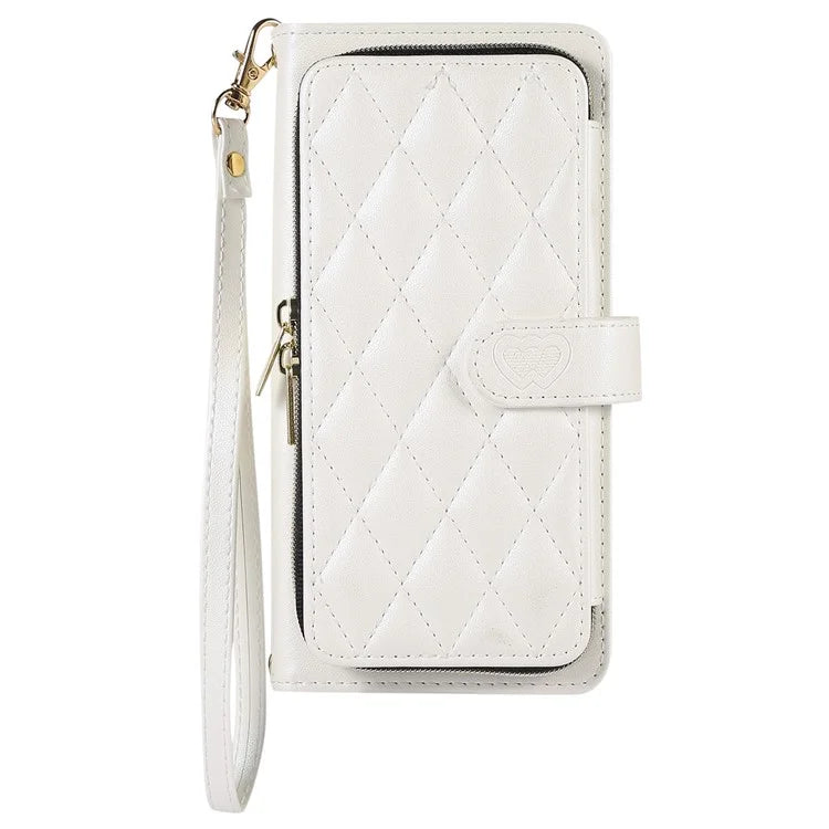 For iPhone 14 Pro Max Wallet Case Folio PU Leather Stand Rhombus Phone Cover with Hand Strap