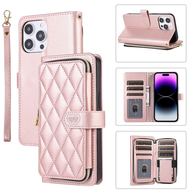 For iPhone 14 Pro Max Wallet Case Folio PU Leather Stand Rhombus Phone Cover with Hand Strap