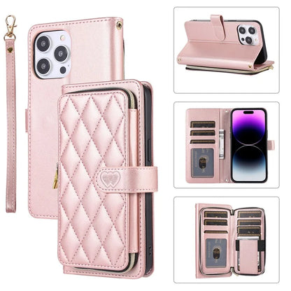 For iPhone 14 Pro Max Wallet Case Folio PU Leather Stand Rhombus Phone Cover with Hand Strap