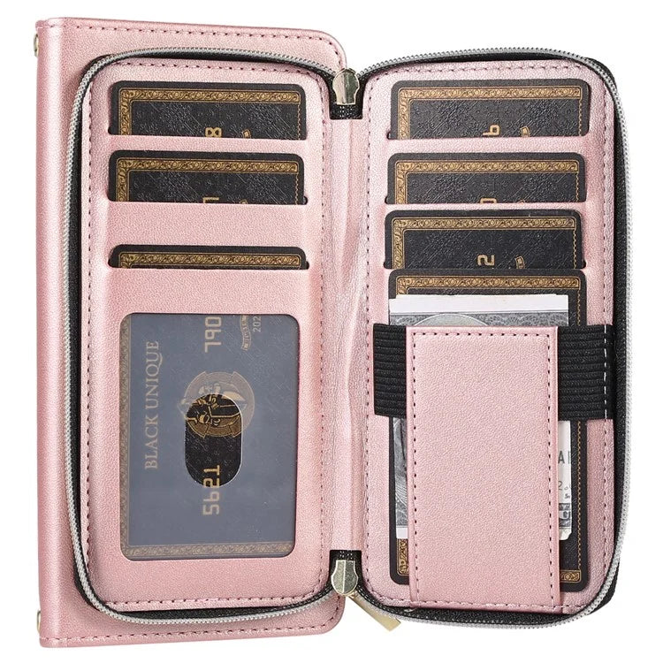 For iPhone 14 Pro Max Wallet Case Folio PU Leather Stand Rhombus Phone Cover with Hand Strap