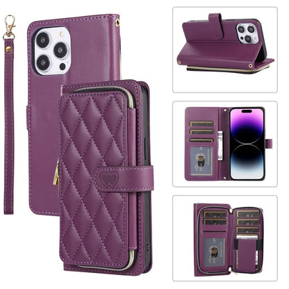 For iPhone 14 Pro Max Wallet Case Folio PU Leather Stand Rhombus Phone Cover with Hand Strap