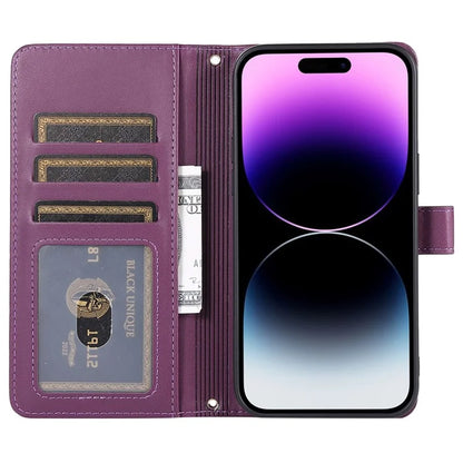 For iPhone 14 Pro Max Wallet Case Folio PU Leather Stand Rhombus Phone Cover with Hand Strap