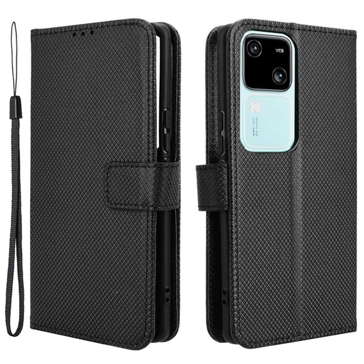For vivo S18 5G / S18 Pro 5G / V30 5G / V30 Pro 5G Case PU Leather Stand Wrist Strap Diamond Texture Phone Cover