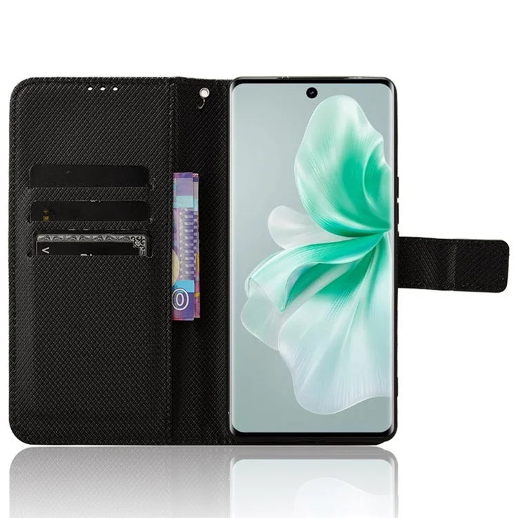 For vivo S18 5G / S18 Pro 5G / V30 5G / V30 Pro 5G Case PU Leather Stand Wrist Strap Diamond Texture Phone Cover
