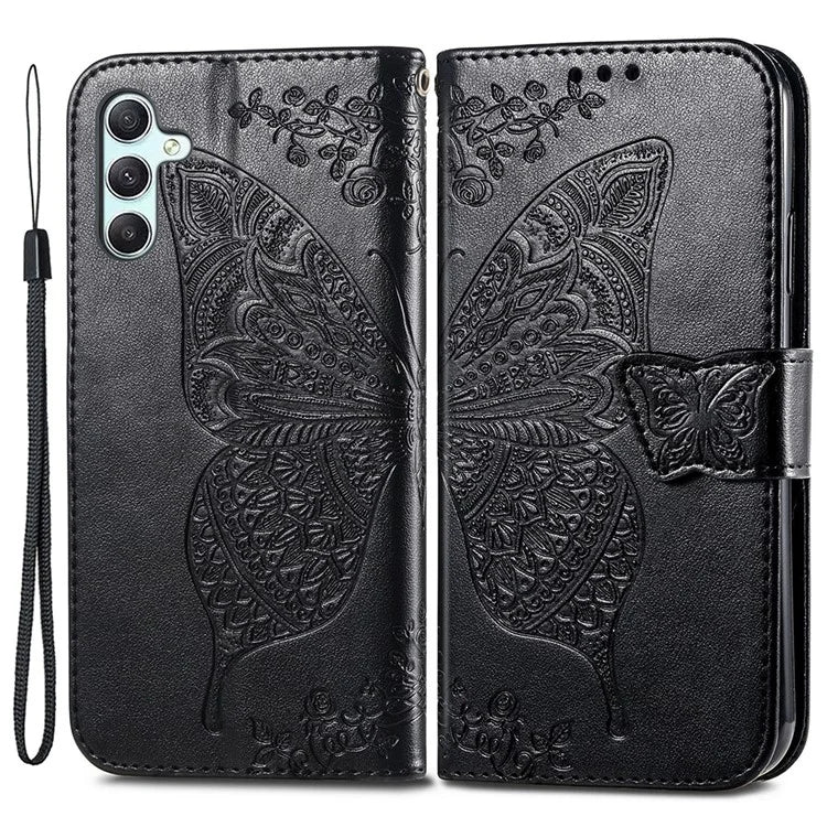 For Samsung Galaxy A35 5G Leather Case Butterfly Imprinted Phone Cover with Wrist Strap