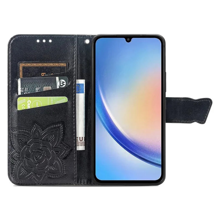 For Samsung Galaxy A35 5G Leather Case Butterfly Imprinted Phone Cover with Wrist Strap