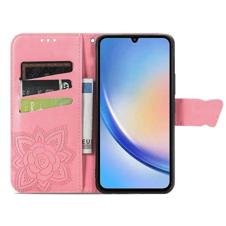 For Samsung Galaxy A35 5G Leather Case Butterfly Imprinted Phone Cover with Wrist Strap