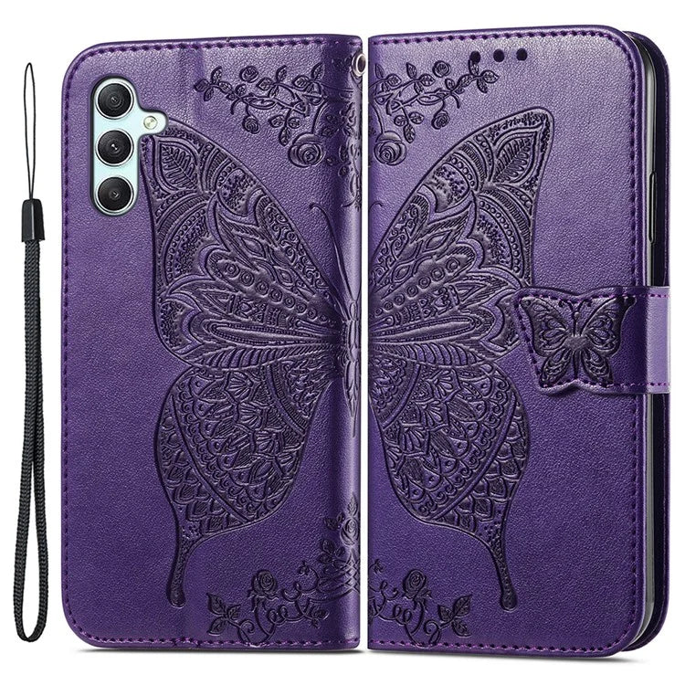 For Samsung Galaxy A35 5G Leather Case Butterfly Imprinted Phone Cover with Wrist Strap