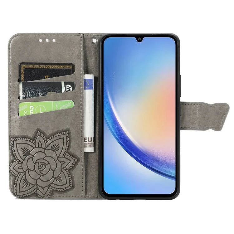 For Samsung Galaxy A35 5G Leather Case Butterfly Imprinted Phone Cover with Wrist Strap