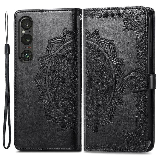 For Sony Xperia 1 V Case Mandala Embossed Leather Phone Cover with 3 Card Slots
