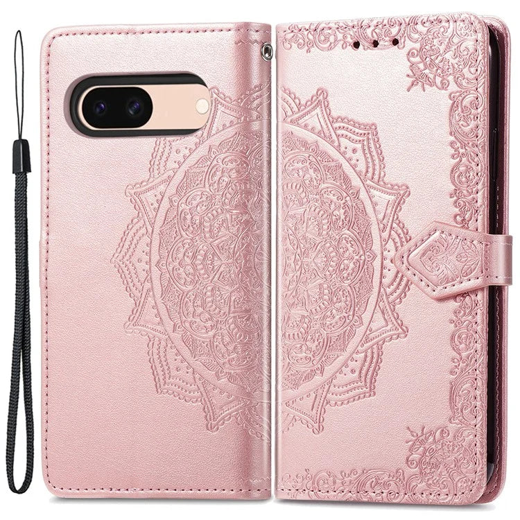 For Google Pixel 8a Case Flip Wallet PU Leather Mandala Embossed Design Phone Cover