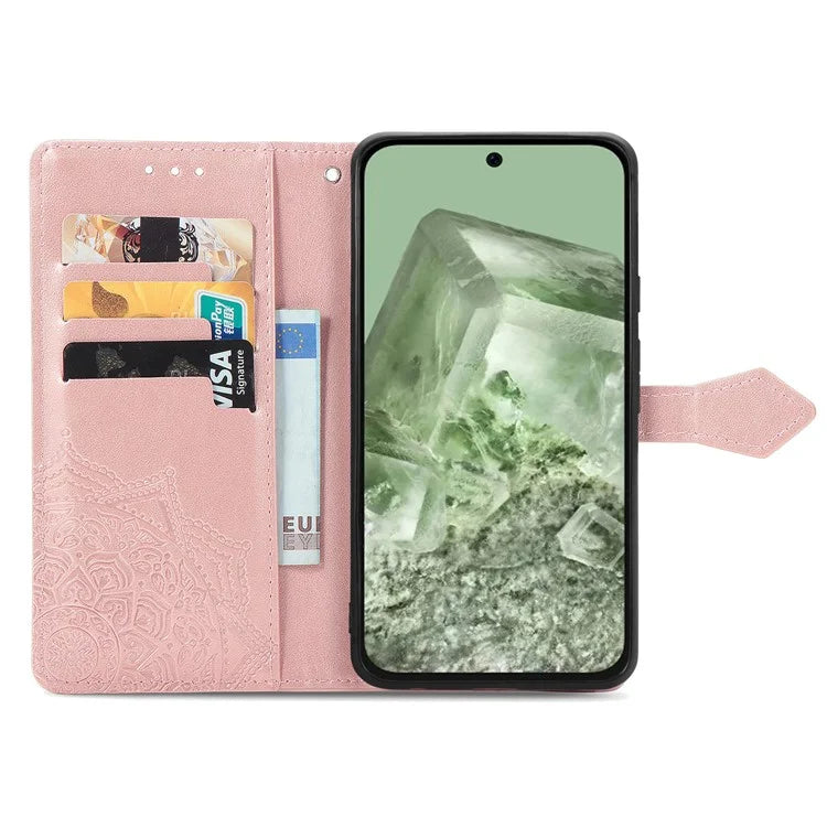 For Google Pixel 8a Case Flip Wallet PU Leather Mandala Embossed Design Phone Cover