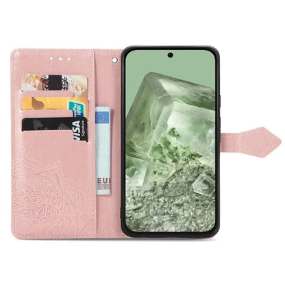 For Google Pixel 8a Case Flip Wallet PU Leather Mandala Embossed Design Phone Cover