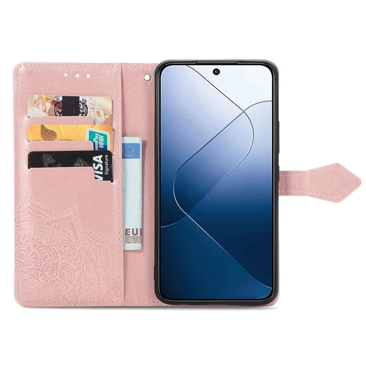 For Xiaomi 14 Case PU Leather Wallet Phone Cover Mandala Embossed Design