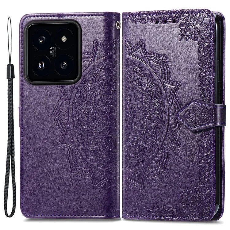 For Xiaomi 14 Case PU Leather Wallet Phone Cover Mandala Embossed Design