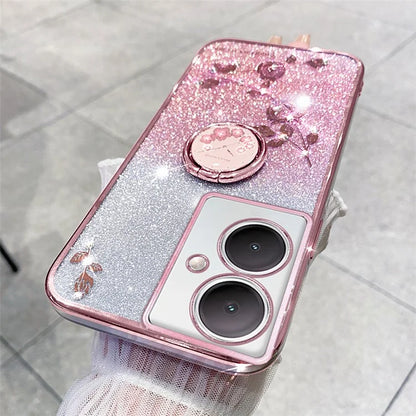 KADEM For vivo Y78 5G / Y78+ 5G / V29 Lite 5G Case Kickstand Rhinestone Flower TPU Anti-Scratch Phone Cover