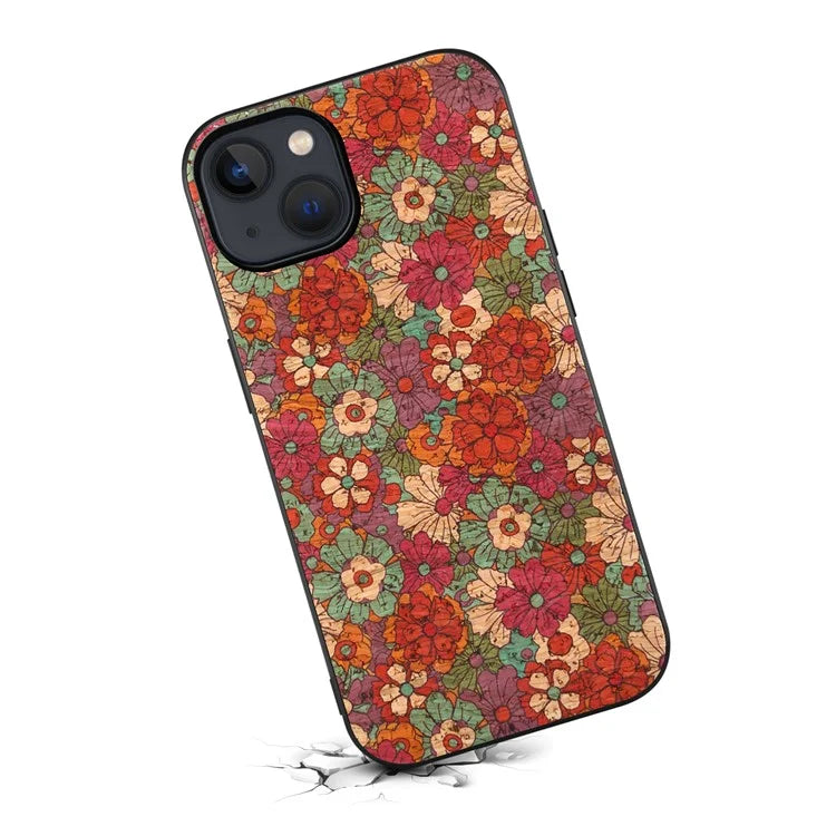 For iPhone 13 Case Protective PU Leather Flower Pattern Printed Back Cover
