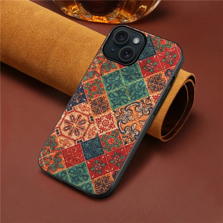 For iPhone 15 Leather Back Cover Floral Pattern TPU+PC Slim Phone Case