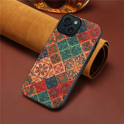 For iPhone 15 Leather Back Cover Floral Pattern TPU+PC Slim Phone Case