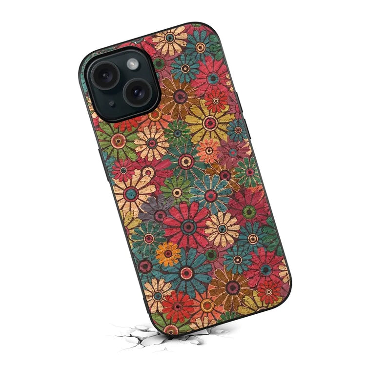 For iPhone 15 Leather Back Cover Floral Pattern TPU+PC Slim Phone Case