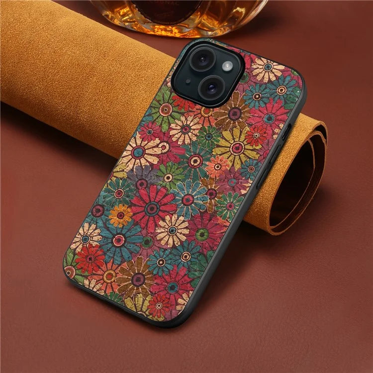 For iPhone 15 Leather Back Cover Floral Pattern TPU+PC Slim Phone Case