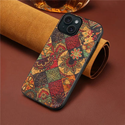 For iPhone 15 Leather Back Cover Floral Pattern TPU+PC Slim Phone Case