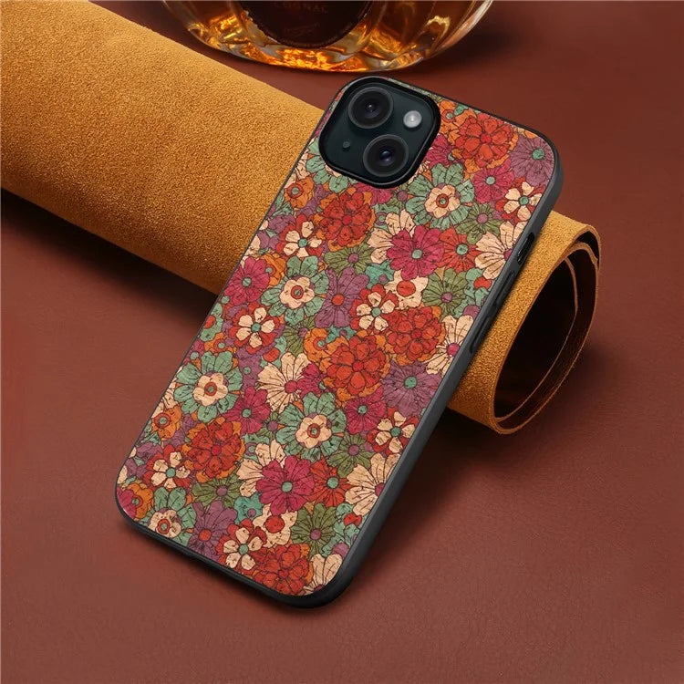 For iPhone 15 Plus Case PU Leather Non-Slip Grip Printing Flower Back Cover