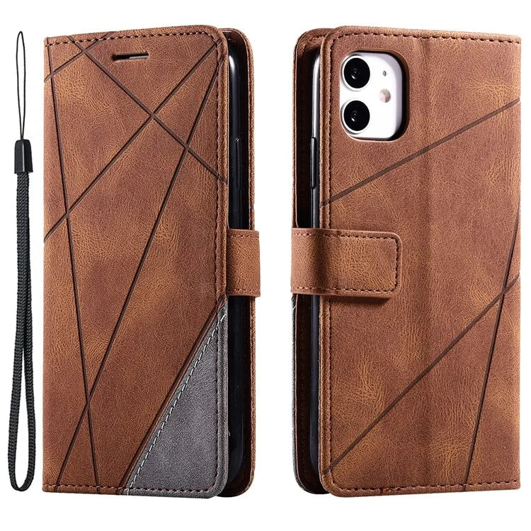 For iPhone 11 Leather Case with Strap Skin-touch Splicing Wallet Phone Cover