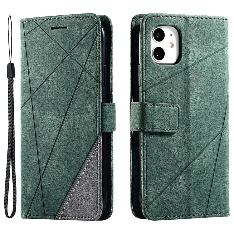 For iPhone 11 Leather Case with Strap Skin-touch Splicing Wallet Phone Cover