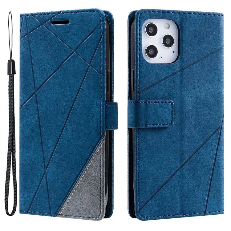 For iPhone 12 Pro Max Wallet Case Lines Imprinted Splicing Phone Leather Cover