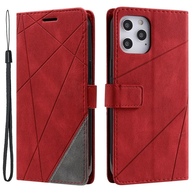 For iPhone 12 Pro Max Wallet Case Lines Imprinted Splicing Phone Leather Cover