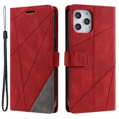 For iPhone 12 Pro Max Wallet Case Lines Imprinted Splicing Phone Leather Cover