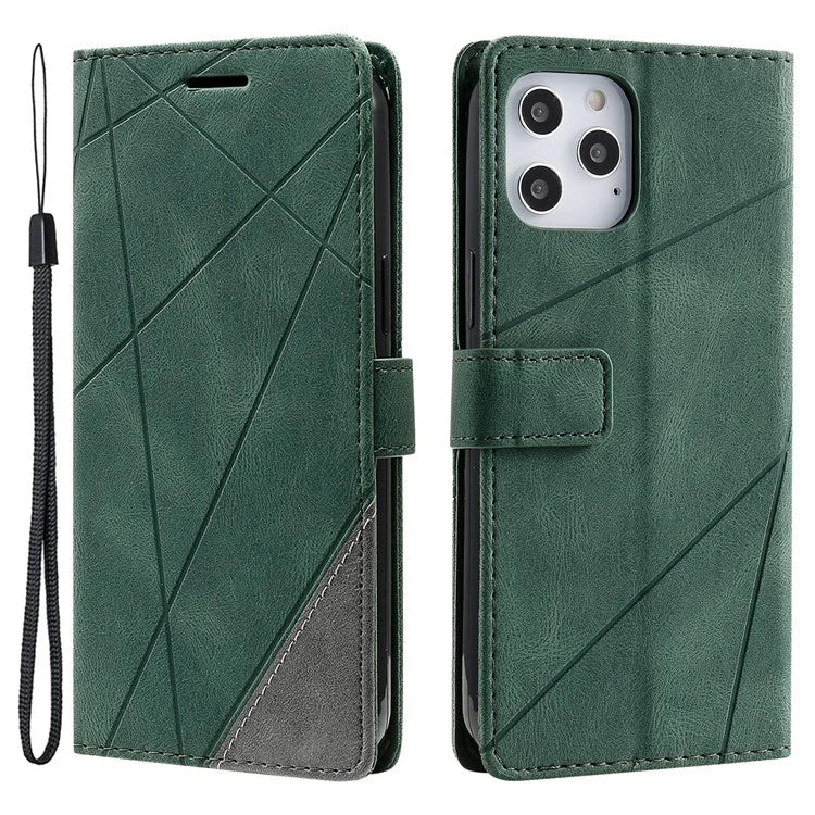 For iPhone 12 Pro Max Wallet Case Lines Imprinted Splicing Phone Leather Cover