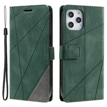 For iPhone 12 Pro Max Wallet Case Lines Imprinted Splicing Phone Leather Cover