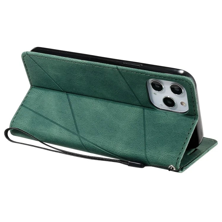 For iPhone 12 Pro Max Wallet Case Lines Imprinted Splicing Phone Leather Cover
