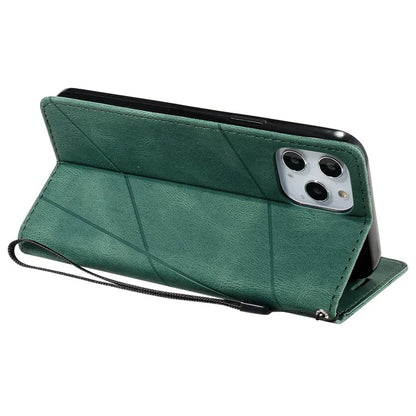 For iPhone 12 Pro Max Wallet Case Lines Imprinted Splicing Phone Leather Cover