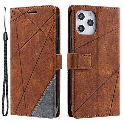 For iPhone 12 Pro Max Wallet Case Lines Imprinted Splicing Phone Leather Cover