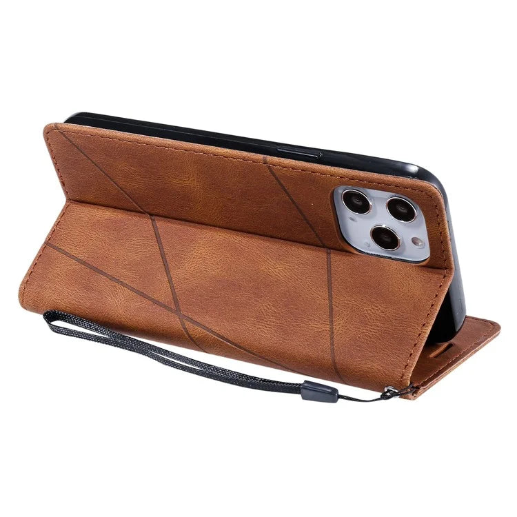 For iPhone 12 Pro Max Wallet Case Lines Imprinted Splicing Phone Leather Cover