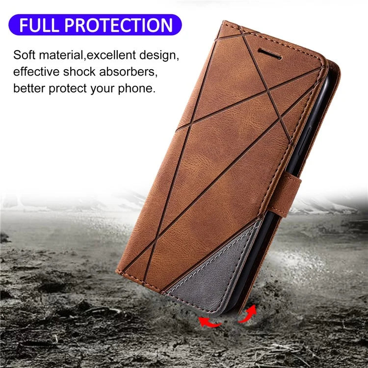 For iPhone 12 Pro Max Wallet Case Lines Imprinted Splicing Phone Leather Cover