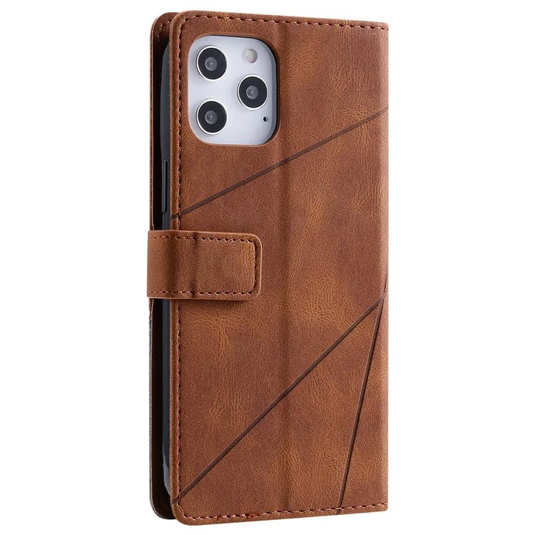 For iPhone 12 Pro Max Wallet Case Lines Imprinted Splicing Phone Leather Cover