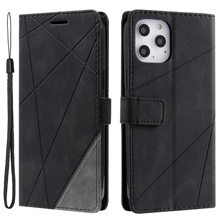 For iPhone 12 Pro Max Wallet Case Lines Imprinted Splicing Phone Leather Cover