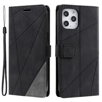 For iPhone 12 Pro Max Wallet Case Lines Imprinted Splicing Phone Leather Cover