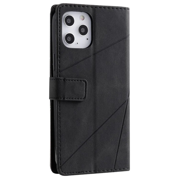 For iPhone 12 Pro Max Wallet Case Lines Imprinted Splicing Phone Leather Cover