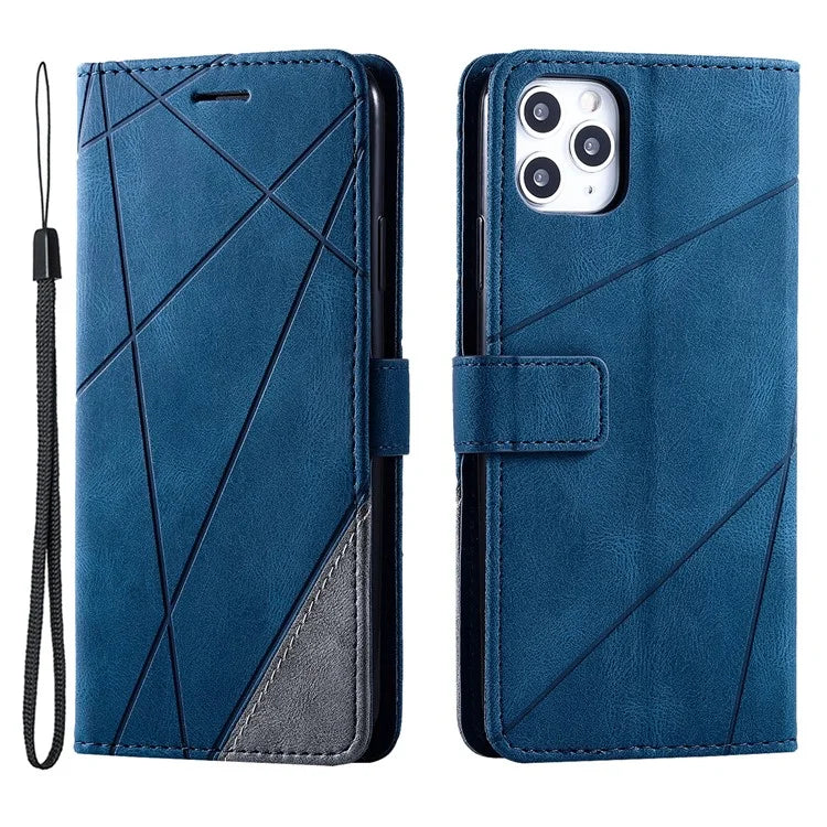 For iPhone 11 Pro Max Case Splicing PU Leather Phone Wallet Cover Lines Imprinted