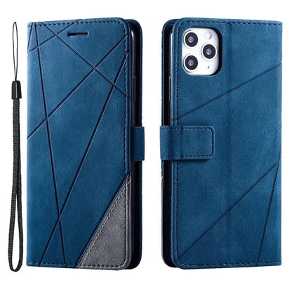 For iPhone 11 Pro Max Case Splicing PU Leather Phone Wallet Cover Lines Imprinted