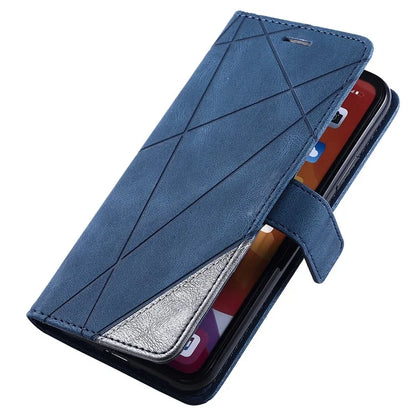 For iPhone 11 Pro Max Case Splicing PU Leather Phone Wallet Cover Lines Imprinted