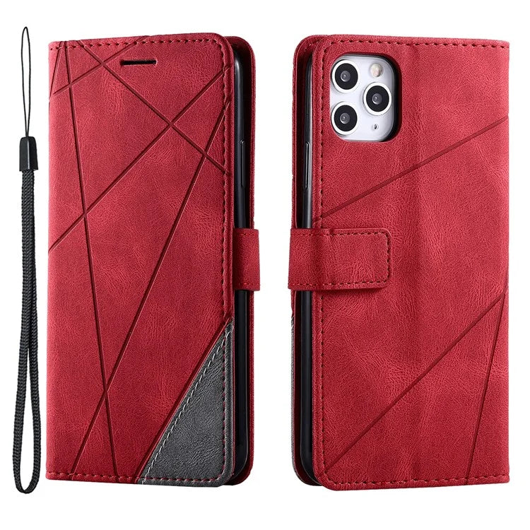 For iPhone 11 Pro Max Case Splicing PU Leather Phone Wallet Cover Lines Imprinted